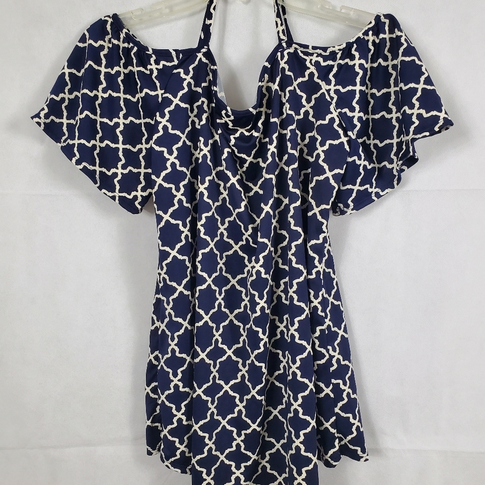 Cold Shoulder Navy and White Blouse